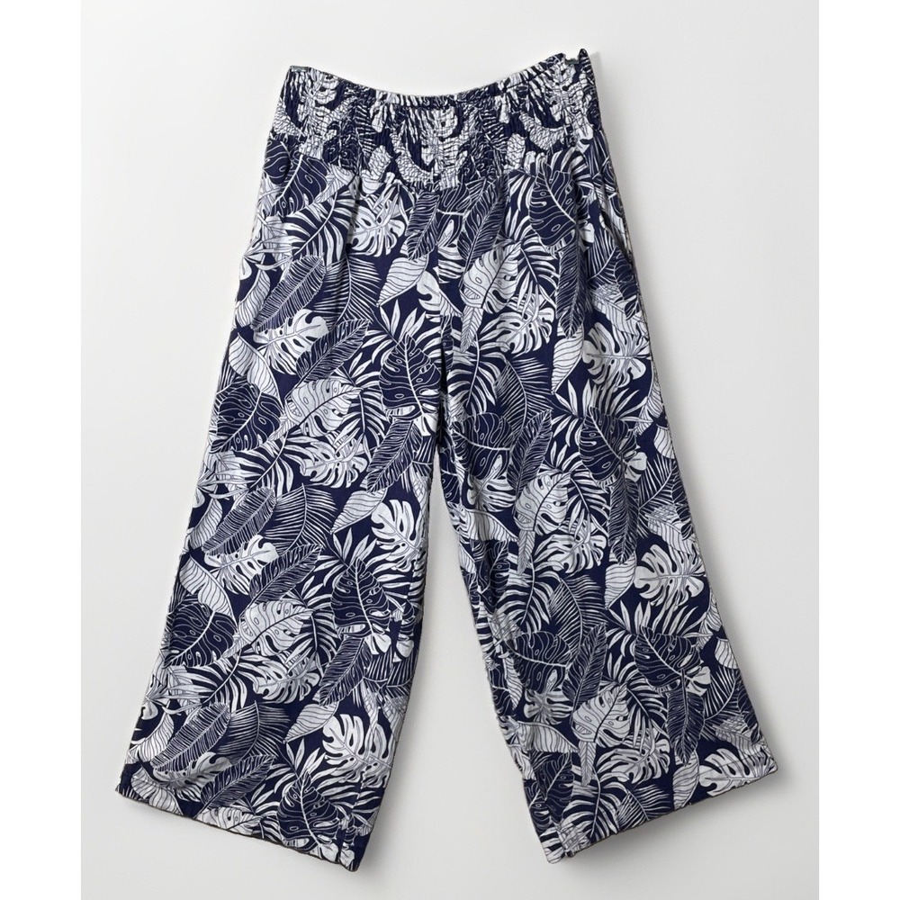 Tahari Linen Viscose Wide Leg Crop Pant Women Navy Blue Smocked Waist Medium